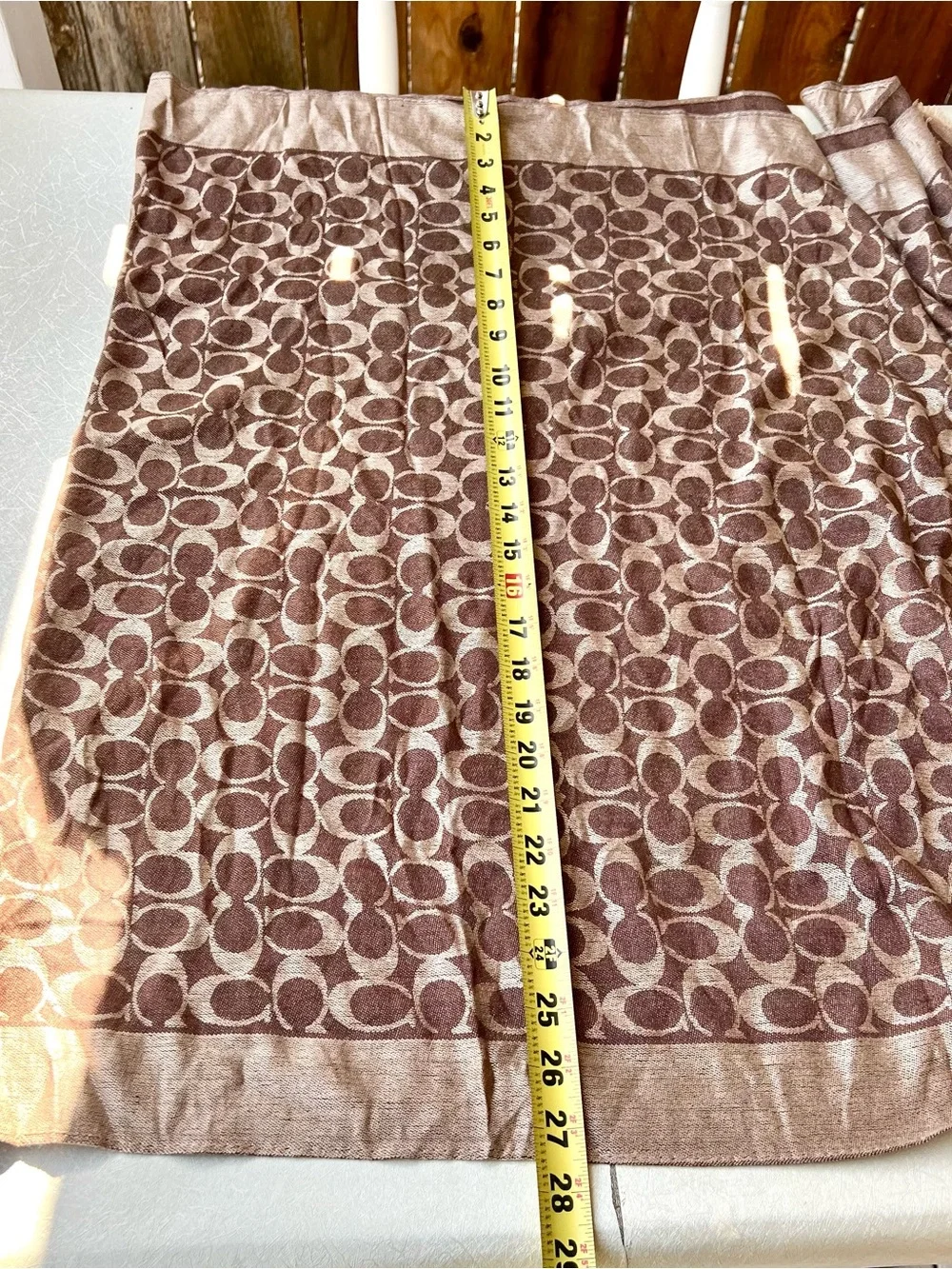 Coach Signature C Monogram Jacquard Shawl Scarf Cashmere Silk Blend Brown Beige